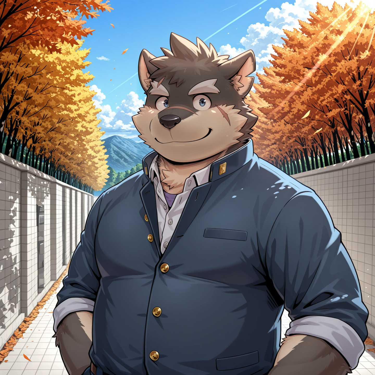 solo, anthro, male, solo,  moritaka, smile, gakuran, upper body, looking at viewer, male focus, 
BREAK masterpiece, best quality, amazing quality, very aesthetic, high resolution, ultra-detailed, absurd res, newest, scenery,   <lora:moritakaIL:1>