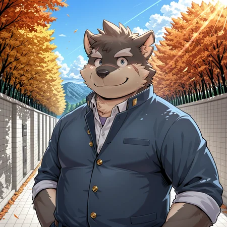 solo, anthro, male, solo,  moritaka, smile, gakuran, upper body, looking at viewer, male focus, 
BREAK masterpiece, best quality, amazing quality, very aesthetic, high resolution, ultra-detailed, absurd res, newest, scenery,   <lora:moritakaIL:1>