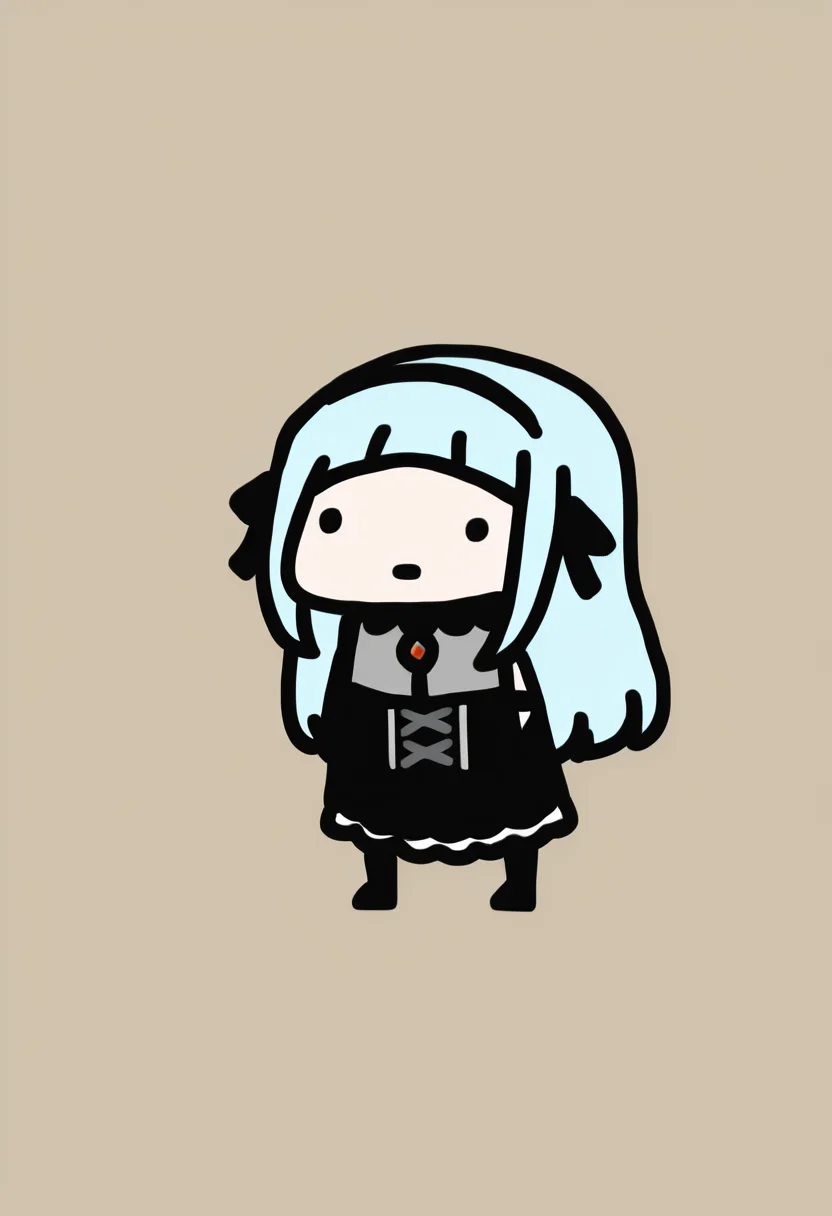 masterpiece, best quality, chibi, full body, solo, 1girl, v1ol3t, dot eyes, blue hair, sidelocks, arched bangs, long hair, black hairband, hair ribbon, black ribbon, frilled collar, pendant, sleeveless dress, frilled dress, two-tone dress, grey dress, black dress, center frills, corset, detached sleeves, black sleeves, knee boots, simple background