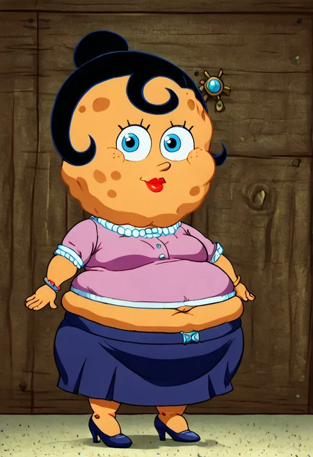 sp0nge_m0m,
1girl,
blue eyes,
solo,
black hair,
high heels,
jewelry,
shirt, Skirt, (portrait, head tilt, looking at viewer), (fat:1.5), exposed navel