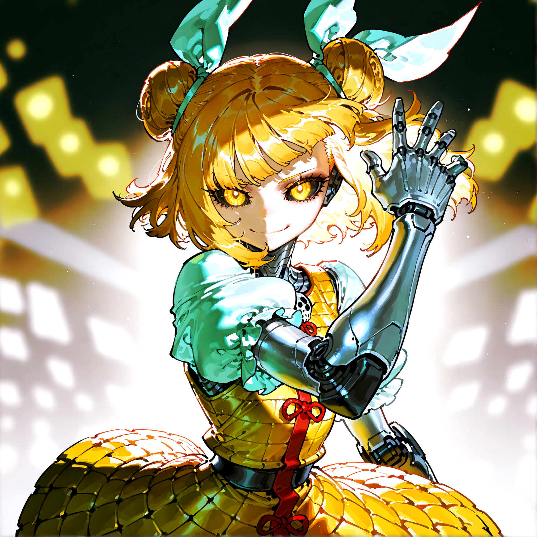 optical illusion,ssambatea, quasarcake, Fishine,piaki, pochincoff:1.2 ,  joutouguu_mayumi, absurdres, highres ,1girl ,solo, blonde_hair, blurry, blurry_background ,dress, hair_ribbon ,looking_at_viewer , puffy_short_sleeves, puffy_sleeves ,ribbon ,shirt ,short_hair ,short_sleeves, ,white_ribbon, white_shirt ,yellow_dress ,yellow_eyes,mechanical_arms,,robot_girl, robot_joints, metal skin, robot body, white skin,mechanical_eye ,black_sclera ,colored_skin ,smile,mechanical body,android,no_humans,mechanical_hair,mechanical_jaw,terminator_(series) ,robocop,
<lora:illustrious_noobai_epsilon_pred_1_best_quality_v1:0.5> ,<lora:illustrious_noobai_epsilon_pred_1_masterpieces_v1:0.5>, <lora:ponyv4_noob1_2_adamW:0.5>, <lora:touhou_146:0.4>,