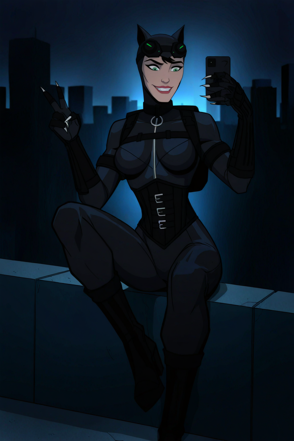 masterpiece, good quality, best quality, very awa, very as2, absurdres, highres
 <lora:catwoman injusticemovieilluLoRA:1>Ctwmninjust, black hair, green eyes, helmet, cat ears, goggles on head, collar, bodysuit, zipper, backpack, corset, armlet, gloves, claws, high heel boots, holding smartphone, dark, night, grin,sitting on a ledge, cityscape, selfie, V