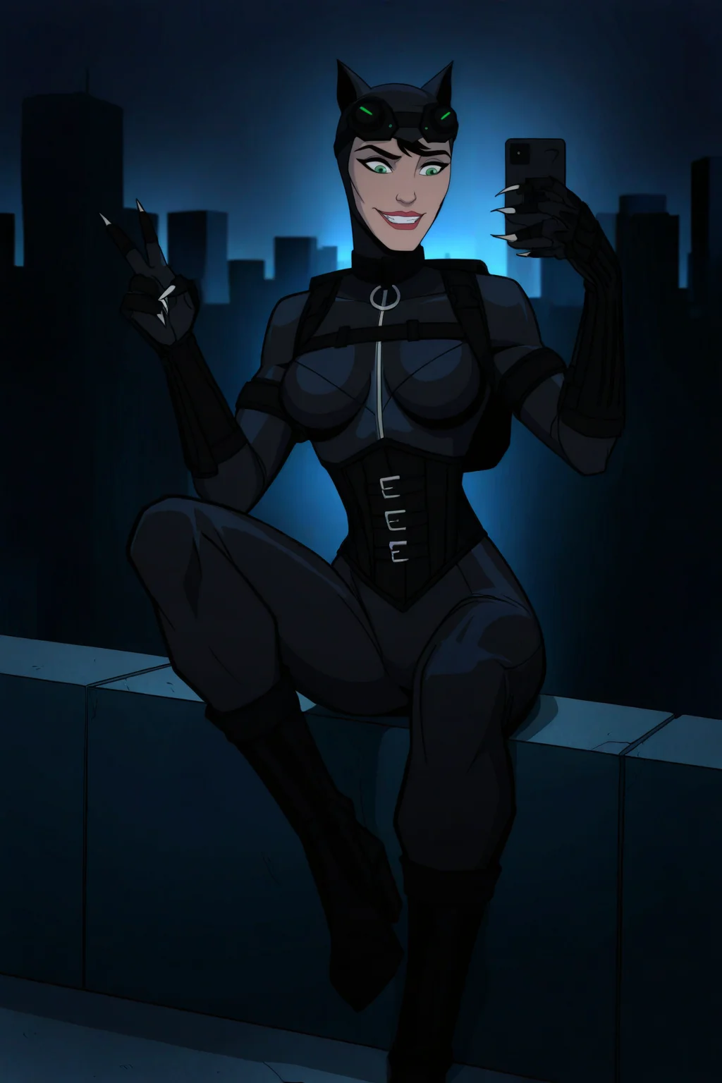 masterpiece, good quality, best quality, very awa, very as2, absurdres, highres
 <lora:catwoman injusticemovieilluLoRA:1>Ctwmninjust, black hair, green eyes, helmet, cat ears, goggles on head, collar, bodysuit, zipper, backpack, corset, armlet, gloves, claws, high heel boots, holding smartphone, dark, night, grin,sitting on a ledge, cityscape, selfie, V
