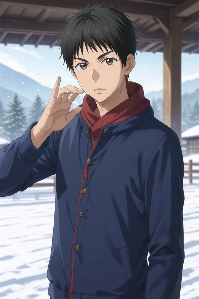 score_9, score_8_up, score_7_up, source_anime, rating_safe, , (realistic:0.6), looking at viewer, depth of field, 1boy, solo, male focus, <lora:yuusuke_igarashi_pony:0.78>, yuusuke_igarashi, black hair, brown eyes, short hair, cowboy shot, snowy field, indoors, (dynamic pose:1.2), expressionless, , <lora:sdxl_lightning_8step_lora:1>