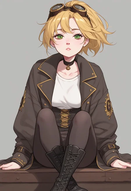 score_9, score_8_up, score_7_up, 1girl, short, pale skin, cute face, green eyes, freckles, short blonde hair, ponytail, side bangs, petite, medium breasts, choker, wearing a black bolero jacket over a loose white shirt, brown pantaloons, black laced boots, belts, wearing steampunk goggles