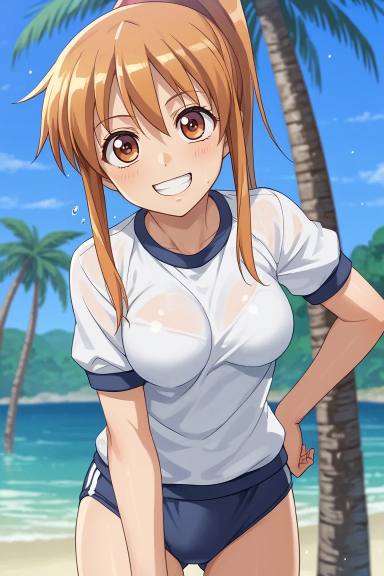score_9, score_8_up, score_7_up, score_6_up, score_5_up, score_4_up, BREAK source_anime,, 1 girl, solo, , anime coloring, looking at viewer, tree, , , water, , grin, open mouth, gym uniform, beach, , yuri, aosu saori, pony tail, medium breasts, outreach arms<lora:EMS-413796-EMS:0.800000>