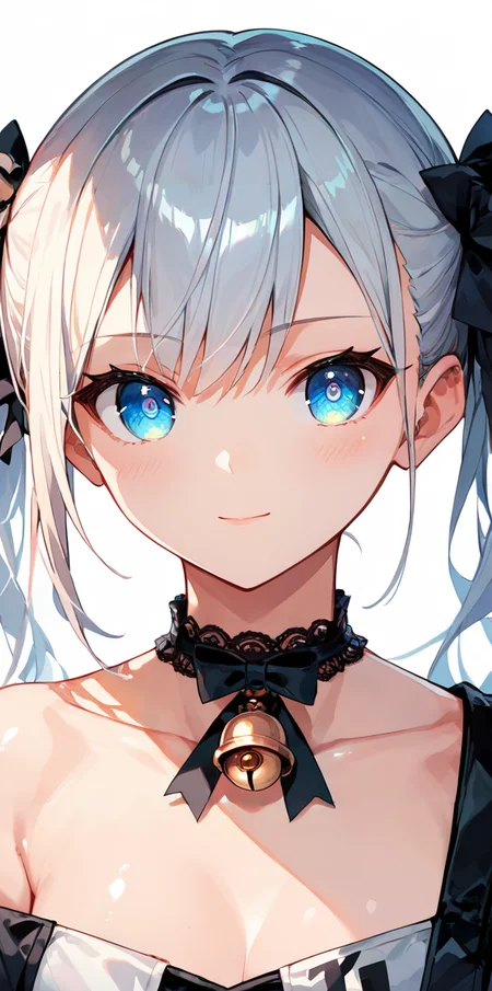 score_9, score_8_up, score_7_up,source_anime, high res image,masterpiece,best quality,girl,cute face,clear skin,shiny hair,ultra detailed eyes,simple background, <lora:chocker_pony_V1.0:0.6> choker,bell