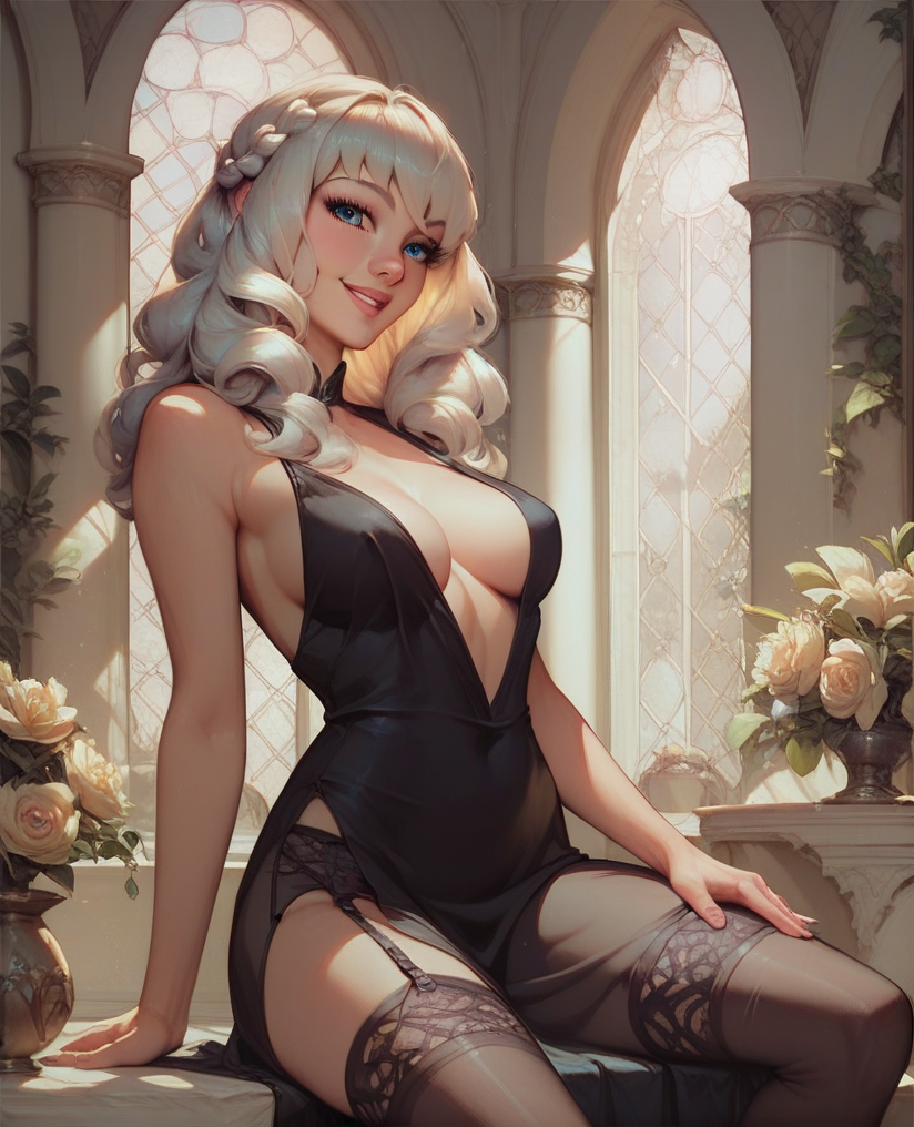 masterpiece, best quality, highly detailed, score_9, score_8_up, score_7_up, score_6_up,  OC_Roslyn, 1 girl, dominant, haughty look, horny smile,  detailed face, black dress, detailed eyes
 <lora:OC_-_Roslyn:1>,