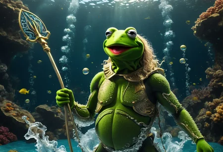 kermit the frog dressed as poseidon, kermit the frog holding trident up, muscular upper body,  golden armor covered with aglea, rising from the water, whirl, bubbles, underwater atlantis, wales, gloomy jelly fish,  hyperdetailed, hyperrealistic, 8k, high quality, hi res, best quality, high quality, absurd res, volumetric lighting, reflections, polished, intricate, perfect  lighting, OverallDetailXL