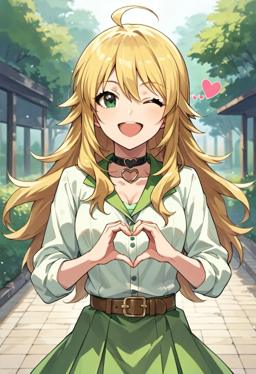 score_9, score_8_up, score_7_up, source_anime, hoshii miki, long hair, blonde hair, ahoge, green eyes, 1girl, one eye closed, heart hands, heart, solo, smile, open mouth, looking at viewer, skirt, choker, ;d, belt