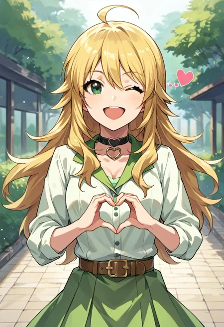 score_9, score_8_up, score_7_up, source_anime, hoshii miki, long hair, blonde hair, ahoge, green eyes, 1girl, one eye closed, heart hands, heart, solo, smile, open mouth, looking at viewer, skirt, choker, ;d, belt