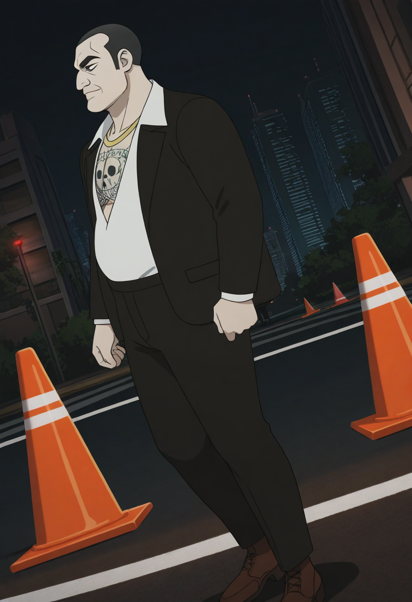 1boy, standing, from side, looking to the side, dutch angle, full body, feet out of frame, outdoors, traffic cone, night, skyscraper, road,
BREAK
nuclearterrorist, anime screencap, mature male, anime screencap, black hair, buzz cut, black eyes, thick eyebrows, gold necklace, jewelry, chest tattoo,
BREAK
black jacket, black pants, white shirt, shirt tucked in, collared shirt, low neckline, open shirt, open jacket, long sleeves, brown footwear, formal,
BREAK
thick thighs, thick arms, large pectorals, plump,
BREAK
best quality, masterpiece, very aesthetic, absurdres, highest detailed, <lora:Antagonist_of_E1_from_Q-Force_v1.0:1>