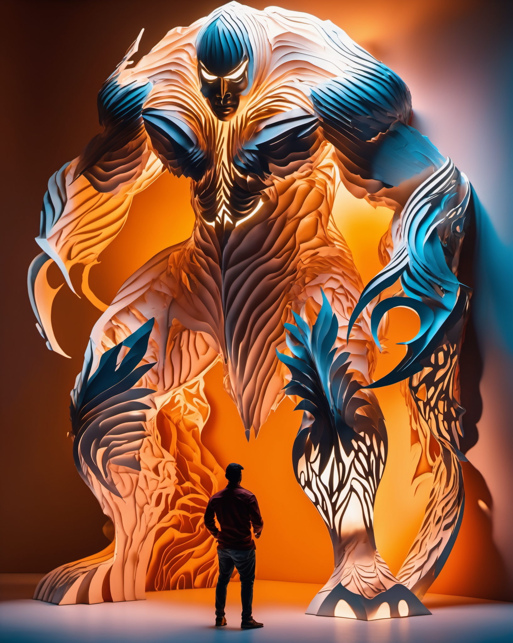 kirigami representation of abstract expressionist painting Full-length photo,(muscle male ONI:0.7),combat posture,Surrealism,from below,Surrealism,backlighting,Oouguancong,backlighting,cinematic lighting,8k,super detail,high quality,high details,UHD,award winning,anatomically correct,UHD,retina,masterpiece,ccurate,anatomically correct,textured skin:0.1),super detail,award winning,best quality,high quality,high details,16k,(moose horn:-0.2),(back:0.5),realistic style,fullbody,( god statues in the background:0.9),(dynamic posture:1.3),random posture,(abstract forms:0.4),(jagged  blocky  wireframe edges  centered composition:0.6),. energetic brushwork,(bold colors:1.3),(expressive:1.2),(emotional:1.3), . 3D, paper folding, paper cutting, Japanese, intricate, symmetrical, precision, clean lines