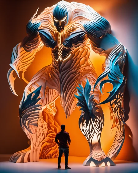 kirigami representation of abstract expressionist painting Full-length photo,(muscle male ONI:0.7),combat posture,Surrealism,from below,Surrealism,backlighting,Oouguancong,backlighting,cinematic lighting,8k,super detail,high quality,high details,UHD,award winning,anatomically correct,UHD,retina,masterpiece,ccurate,anatomically correct,textured skin:0.1),super detail,award winning,best quality,high quality,high details,16k,(moose horn:-0.2),(back:0.5),realistic style,fullbody,( god statues in the background:0.9),(dynamic posture:1.3),random posture,(abstract forms:0.4),(jagged blocky wireframe edges centered composition:0.6),. energetic brushwork,(bold colors:1.3),(expressive:1.2),(emotional:1.3), . 3D, paper folding, paper cutting, Japanese, intricate, symmetrical, precision, clean lines