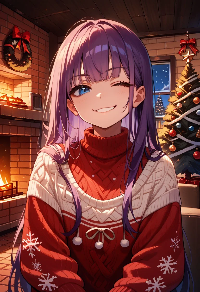 score_9, score_8_up, score_7_up, source_anime, head and shoulders portrait, 1girl, long violet hair, red and white knit sweater, knit sweater, long hair, wink, blue eyes, smug, smirk, chrlib, indoors, living room, night, brick oven, christmas tree, christmas ornaments,
