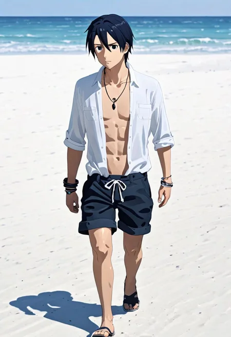 high resolution, professional photography, best quality, 1Boy, Kirigaya Kazuto, Black Hair, Black Eyes, overalldetail, beach, calm, white sand, clear sky, walking, candid, open shirt, shorts, sixpack, necklace, bracelet