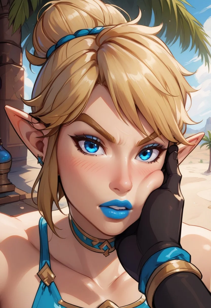score_9,score_8_up,score_7_up,score_6_up,score_5_up,score_4_up,
linkxl, blonde hair, (((messy bun))), pointy ears, blue eyes, blue lips, long hair, eye shadow, light skin,
very angry look, furious, eyes wide open, looking at viewer,
thin, femboy, soft, slender, lean, feminine, twink,
pelvic curtain, teal crop top, golden armlet, thighhighs, blush, solo, elbow gloves, standing,
{((cheek squash, black hand on another's face, black hand on another's cheeks, solo focus, pov black hand, muscular hand))},
desert town, palm tree,
extreme face close-up
