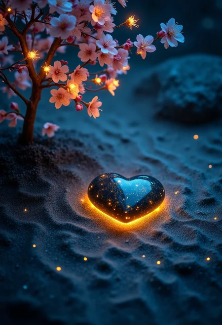 Abstract Lighting Effects, Hyperrealism, Midjourney Style, Photorealism, Cinematic, High Fidelity, Realism, Light Play,
Colourful image surrealistic with cyan, black and gold.
A serene, minimalist, futuristic Zen garden at the at night with meticulously raked gray sand patterns. A solitary cherry blossom tree stands i. The left side in full bloom, its petals shining from within with an iridescent, holographic, neon light and are gently falling illuminating the scene. The soft morning light casts long shadows, enhancing the peaceful and contemplative atmosphere
A heart shaped jet-black rock, with gleaming golden veins is the centerpiece of the garden.
It's golden light luminates the sand around it.
Viewpoint from above the scene