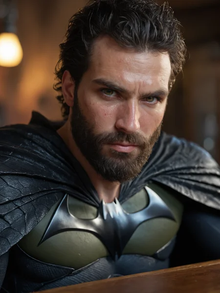 a photo, score_9, score_8_up, score_7_up, score_6_up, score_5_up, score_4_up, \(medium\), (Henry Cavil) is a Rugged scruffy weathered batman, a portrait of batman with a rugged, bat cave, capturing a slightly befuddled expression, he is sitting at the table next to him there is a kryptonite crystal glowing, focus is on his facial expressions and the subtle details like the texture of his long beard and the glint in his eyes, cozy, moody cinematic atmosphere, soft cinematic light, RAW photo, dreamy soft focus, detailed photo, gorgeous, shallow depth of field, bokeh, volumetric lighting, iridescent skin, (surreal:0.4), hyper detailed photorealistic life-like accurate proportional 8k sharp focus, (accurate cinematic lighting), photorealistic detail <lora:add-detail-xl:0.8> dramatic, highly detailed, midjourneyv6.1 <lora:detailed_notrigger:0.8>