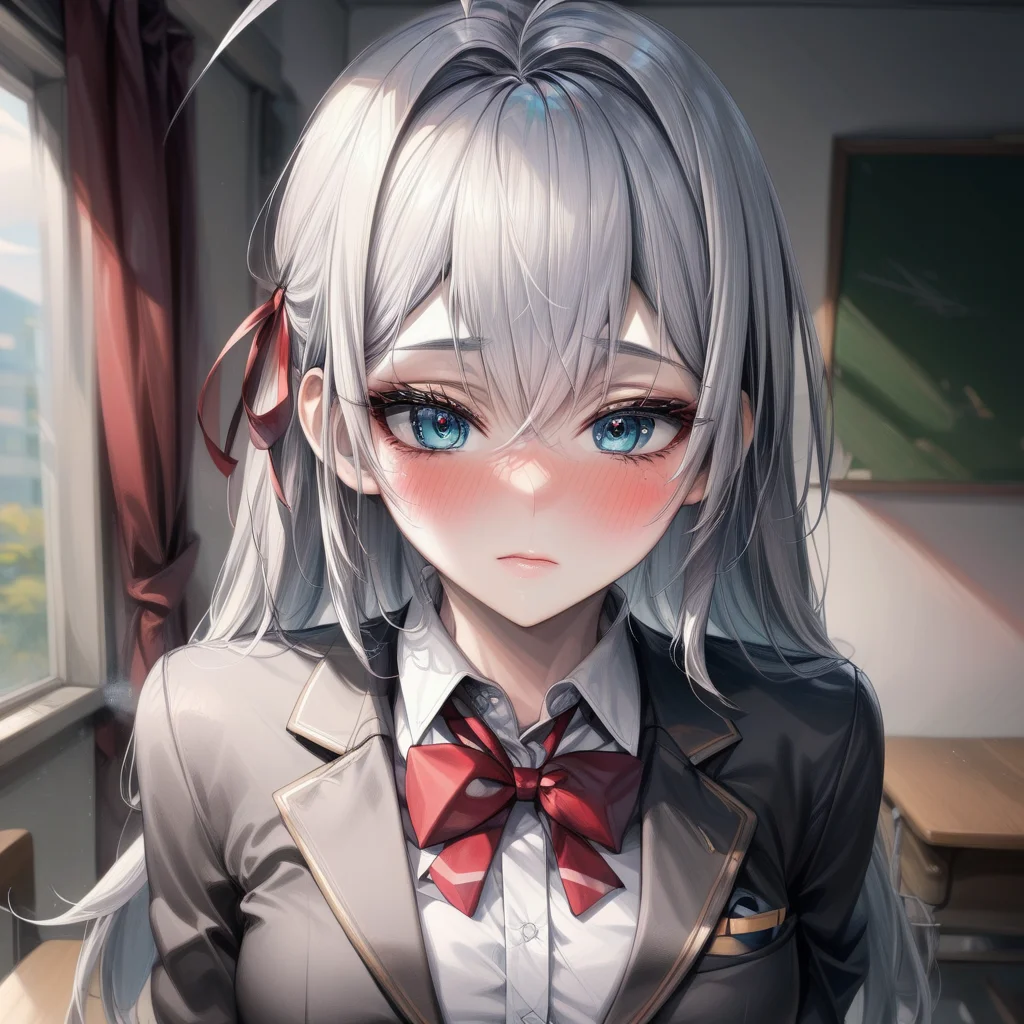 AlisaMikhailovna, 4k, absurd, high resolution, very high resolution, high definition, masterpiece, 1girl, solo, long hair, looking at viewer, blush, blue eyes, shirt, bow, ribbon, hair between eyes, closed mouth, school uniform, jacket, hair ribbon, white shirt, upper body, ahoge, grey hair, collared shirt, indoors, bowtie, red bow, red ribbon, v-shaped eyebrows, frown, blazer, red bowtie