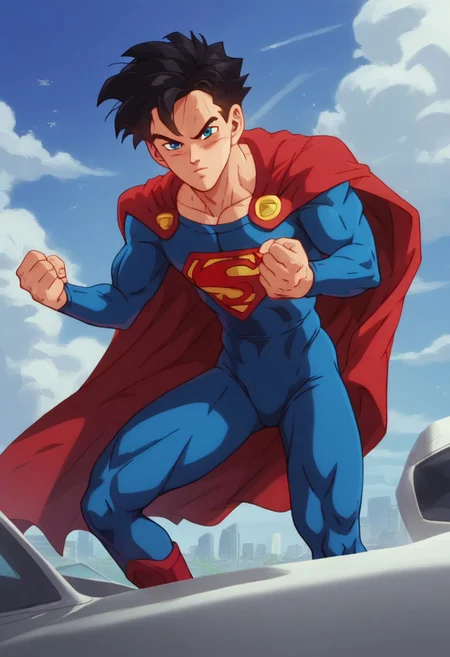 score_9, score_8_up, score_7_up, score_6_up, score_5_up, score_4_up, masterpiece, perfect face, perfect eyes, 4ng3l face, western comic, anime, <lora:Superman v3:1>
Kal-El, Kryptonian, Man of Steel, Superman a superman flying through the air with his cape extended and his fist up,solo,looking at viewer,blue eyes,black hair,1boy,closed mouth,male focus,outdoors,sky,day,cloud,cape,bodysuit,muscular,ground vehicle,clenched hand,foreshortening,motor vehicle,red cape,car,punching,superhero,blue bodysuit, shallow depth of field, vignette, highly detailed, half body, close up, mature, dbsb, Style dragon ball, muscel