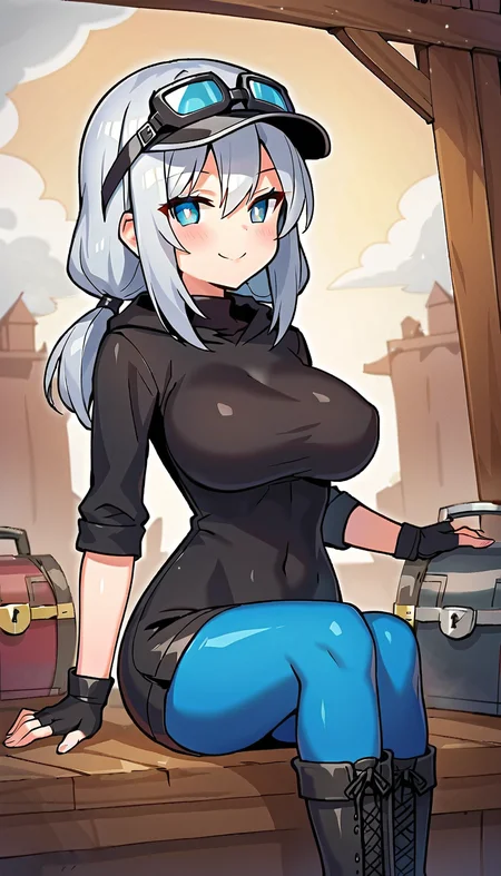 score_9,score_8_up,score_7_up,score_6_up BREAK official art,solo,outdoors,upper body,looking at viewer,facing viewer,smile,blush,(chibi:1.3),Treasure Girl,visor cap,black headwear,goggles on headwear,black goggles,long hair,grey hair,low twintails,hair wings,sidelocks,hair between eyes,bangs,grey eyes,bright pupils,white pupils,turtleneck,black dress,short dress,hooded dress,hood down,long sleeves,fingerless gloves,black gloves,large breasts,blue pantyhose,boots,black footwear,<lora:Treasure Girl-Pony:1.1>,