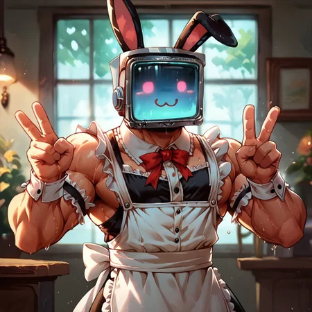 score_9, score_8_up, score_7_up, detailed background, modern, maid cafe, soft lighting, cold lighting, solo, male, screenface, screen head, bunny ears, cute, barazoku, big muscle, huge muscle, maid outfit, (uwu), v sign, (facing viewer)