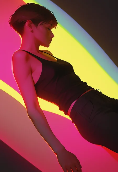 L1GHTM4K3R, SOLO, SHORT HAIR, 1GIRL, LYING, TANK TOP, ON BACK, PANTS, FROM SIDE, BROWN HAIR, RAINBOW LIGHT <lora:LightMaker:1>