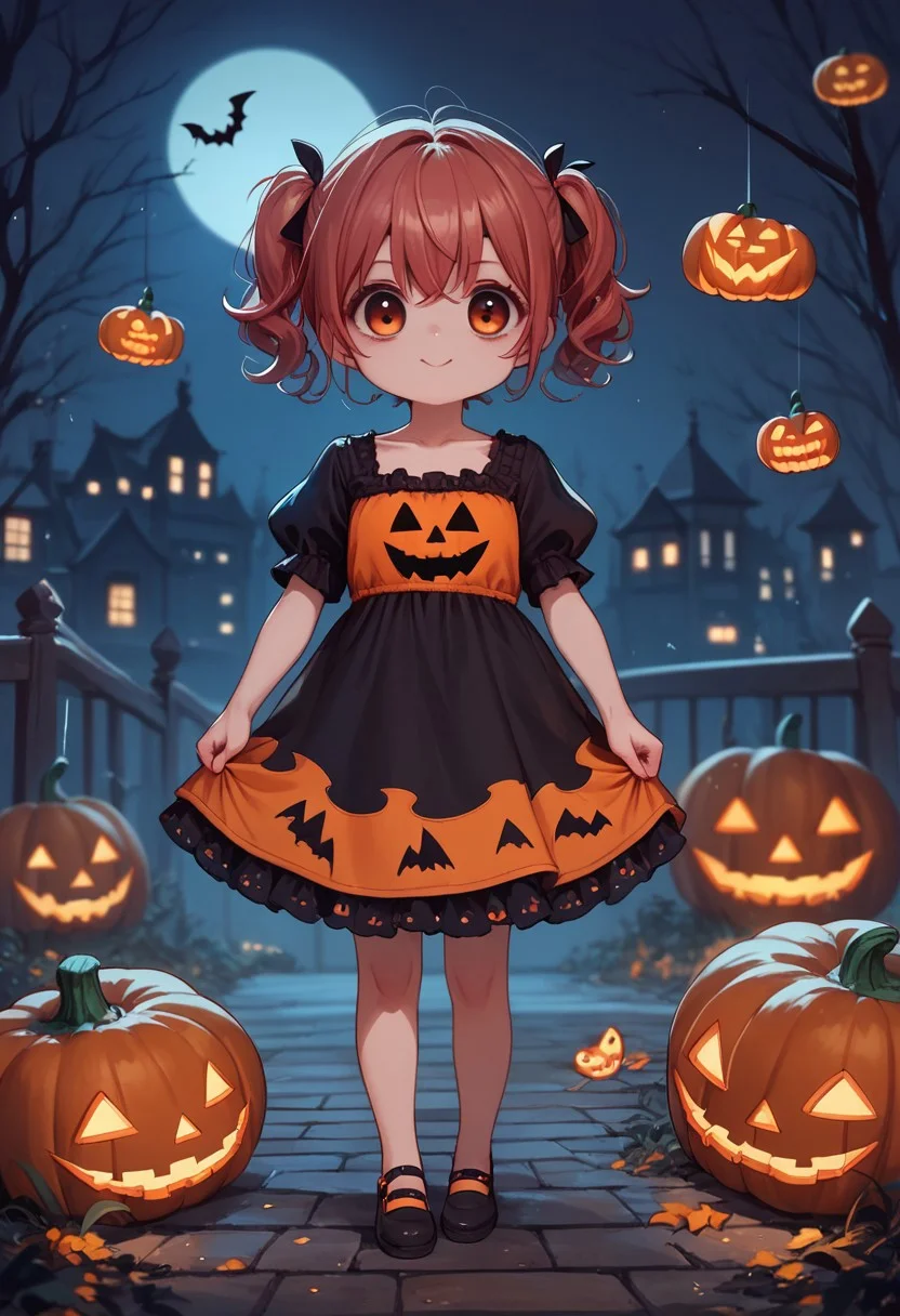 score_9, score_8_up, score_7_up, score_6_up, chibi, anime, halloween, madoka, creepy girl, pumpkin, original char, detail girl, 1girl, halloween ambient, creative dress, cute,
