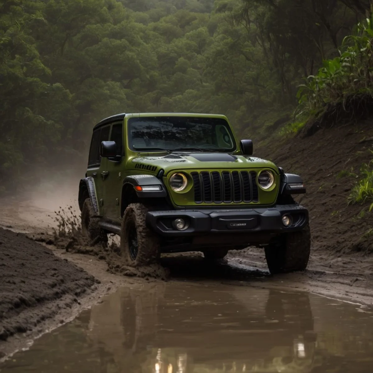 Jeep Wrangler, SUV, olive green, in a jungle track, wet mud, forest in the background