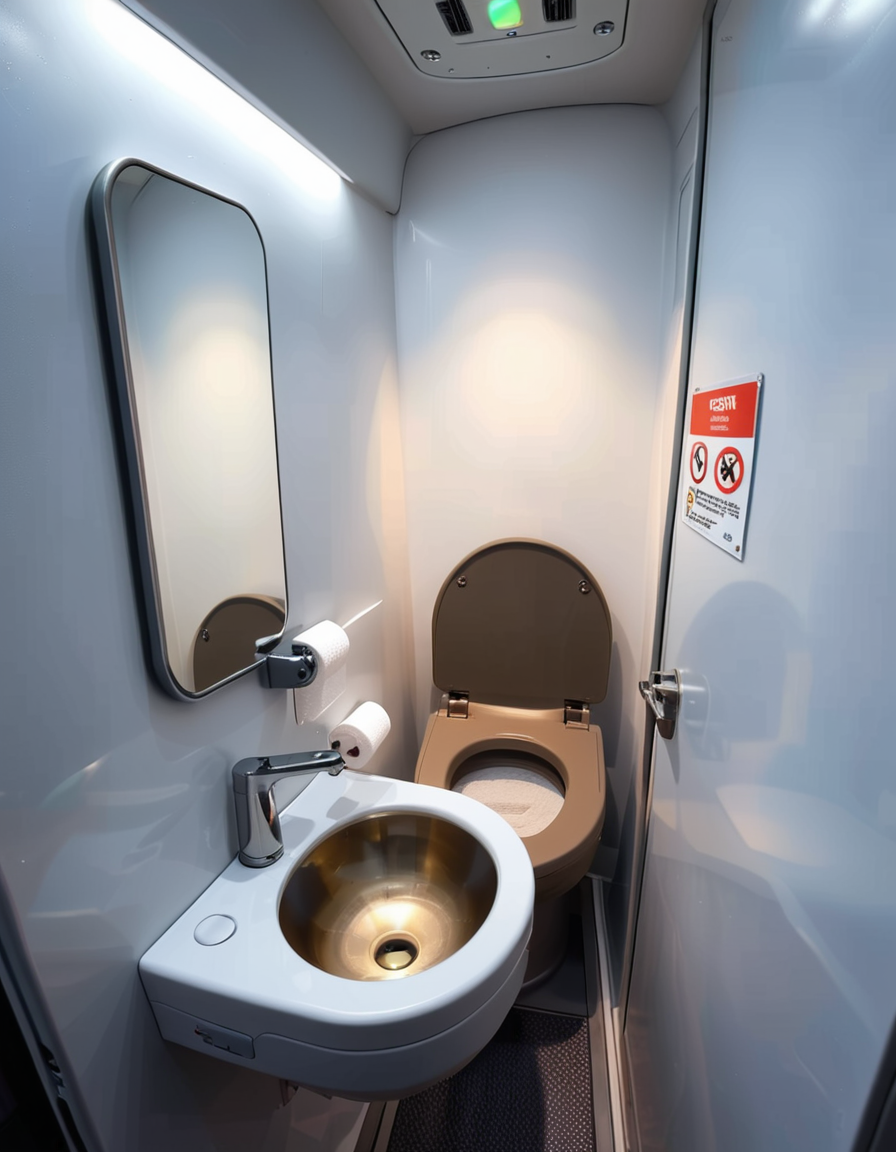 A highly detailed and realistic photograph of an airplane lavatory. The small, compact space features light gray plastic walls with subtle texture, a stainless-steel sink with a motion-sensor faucet, and a mirror reflecting the narrow interior. The toilet is sleek, with a closed lid and a small instruction sticker on top. A soft, dim overhead light illuminates the space, creating a sterile yet functional atmosphere. On the side, a dispenser for paper towels and a built-in trash compartment are visible. The door has a small lock mechanism and an 'Occupied' sign. The floor is dark, non-slip material, and there are small signs with safety instructions in multiple languages. The perspective is slightly wide-angle, capturing the entire space from a slightly tilted angle, emphasizing the compact design. 
<lora:SDXLFaeTastic2400:0.4> <lora:extremely_detailed:0.4> extremely detailed,<lora:airplane_l4v4t0ry:1>,airplane l4v4t0ry, Masterpiece,best quality,hi res,8k,hi res,8k,award winning,(sharp focus, intricate, highly detailed),