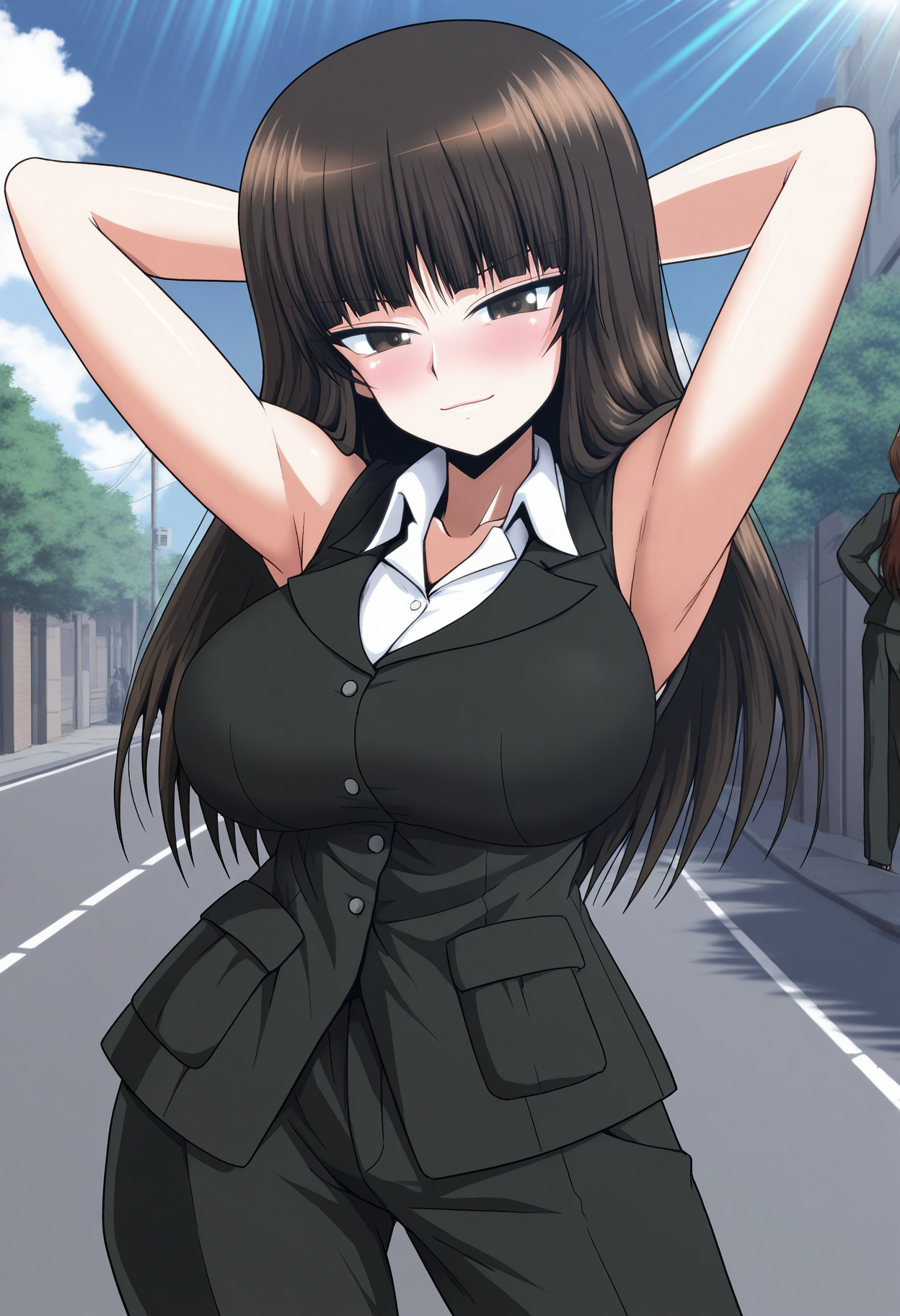 masterpiece, best quality, good quality, <lora:KShiho style:1>, KShiho style, nishizumi shiho, mature female, 1girl, brown hair, long hair, blunt bangs, brown eyes, large breasts,
suit, black jacket, sleeveless jacket, collared shirt, white shirt, black pants, 
looking at viewer, seductive smile, blush, arms behind head, armpits, 
BREAK, day, outdoors, light rays, street, blue sky, cloud,