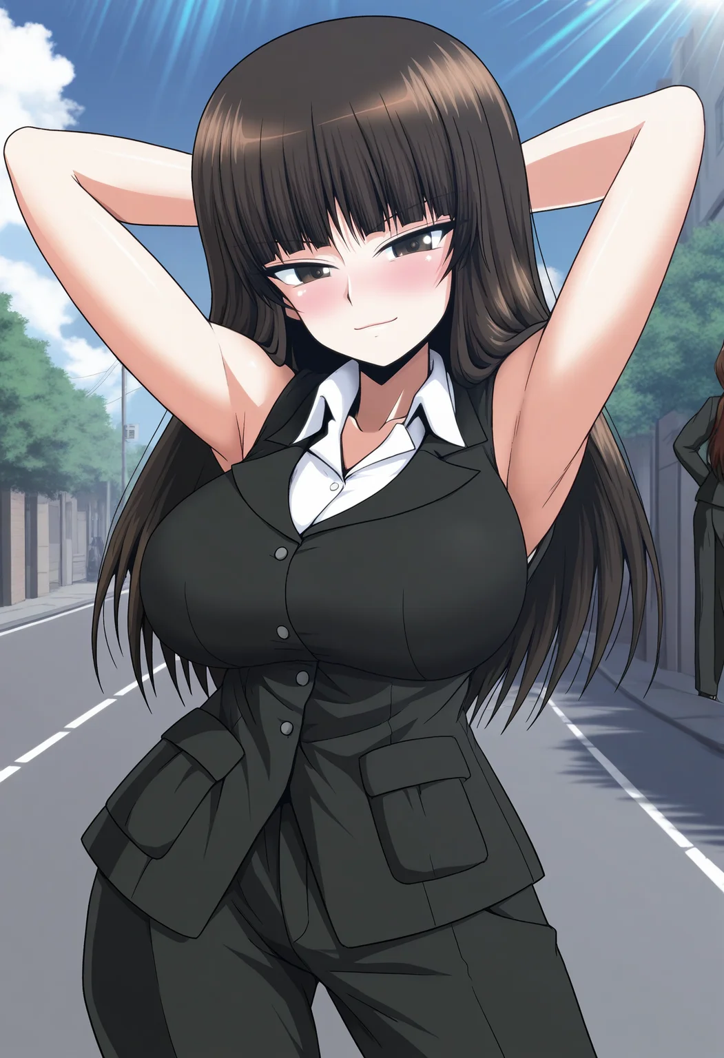 masterpiece, best quality, good quality, <lora:KShiho style:1>, KShiho style, nishizumi shiho, mature female, 1girl, brown hair, long hair, blunt bangs, brown eyes, large breasts,
suit, black jacket, sleeveless jacket, collared shirt, white shirt, black pants,
looking at viewer, seductive smile, blush, arms behind head, armpits,
BREAK, day, outdoors, light rays, street, blue sky, cloud,