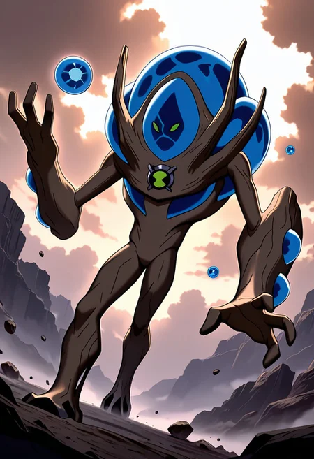 masterpiece, best quality, amazing quality, very aesthetic, absurdres, newest,
,ultswam, standing, pokemon (creature), solo, green eyes, monster, brown skin, alien, massive arms, no humans, 
from the sky, falling throwing orbs, blue orbs, magic ball orb, floating orbs, clouds,