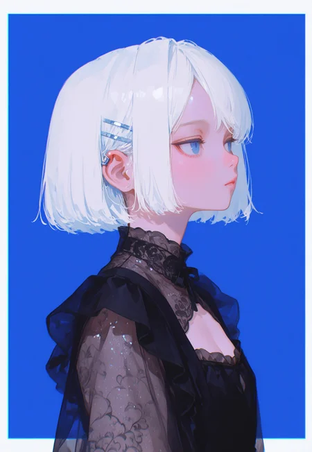 masterpiece, best quality, 32k, high resolution, absurdres, HD32k, masterpiece, high detail, extremely detailed, detailed linework, dynamic composition, (realistic), flat color,
1girl, solo, looking side, upper body, hairclip, expressionless, white hair, blue eyes, tsurime, thick white border, victorian maid dress, black clothing, bobcut hair, closed mouth, swept bangs, from side, looking to the side, blue background, flat chest, ear pierces, blushed, translucent clothes, cleavage,