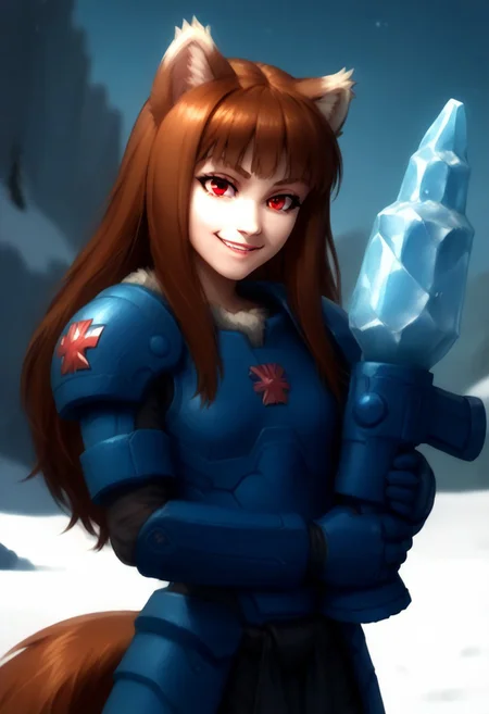 score_9, score_8_up, score_7_up, masterpiece, perfecteyes, holo, brown hair,long hair,red eyes, wolf girl,wolf ear,wolf tail, solo, , looking at viewer, detailed background, wearing power armor, spcwlf, 3/4 angle, proud smile, a bltgun bolter weapon, holding a bolter weapon in lift arm,  ice, snow, icy cavern, outdoors