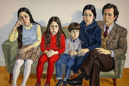 aliceneel2 painting.
A family sits on a couch. On the right sit the parents: the mother wears a dark blue coat, and the father wears a plaid suit and sits with his legs crossed. On the left sits a young girl with long dark hair, wearing a light blue vest over a light yellow shirt and a brown plaid skirt, with one hand supporting her head. In the middle sits a young girl with long wavy hair, wearing a red shirt and red stockings. On her right sits a young boy with a shirt and blue jeans, with his hands clasped together. The background is a simple, light-colored wall, and the floor appears wooden. <lora:aliceneel2_d8a4:1.0><lora:866284469248625309:0>