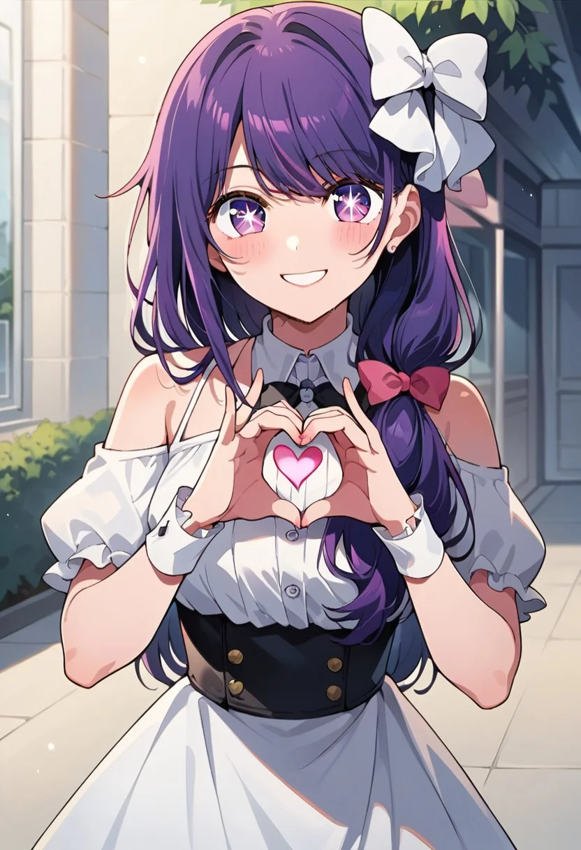 score_9, score_8_up, score_7_up, source_anime,hoshino ai, purple eyes, purple hair, star-shaped pupils, symbol-shaped pupils, long hair,1girl, outdoors, heart hands, solo, heart, smile, long hair, dress, looking at viewer, bow, blush, hair bow, wrist cuffs, white dress