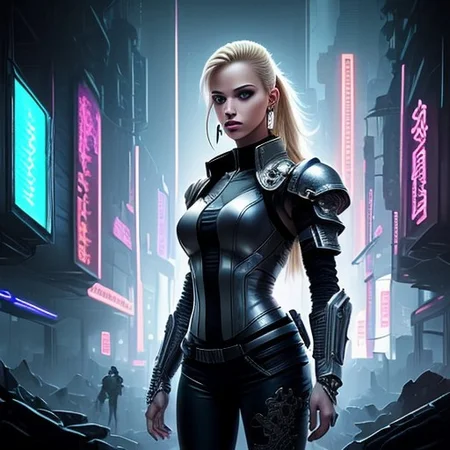 RAW photo, (masterpiece:1.3), subsurface scattering, heavy shadow, (high quality:1.4), (intricate, high detail:1.2), professional photography, HDR, High Dynamic Range, realistic, ultra realistic, photorealistic, high resolution, film photography, ambient lighting, atmospheric effects, OverallDetail:1.3,  1girl, symmetrical hair, armored shoulders, white armored Leotard, black pants, blonde hair, long jacket, cyberpunk, cychar, earrings, eyelashes, hand on hip, holster, jacket, jewelry, lips, long hair, medium breasts, neon lights, silver eyes, outdoors, silver nails, ponytail science fiction, solo, tassel earrings, epiCPhoto