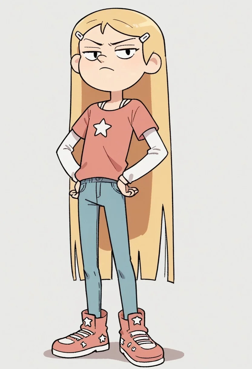 score_9, score_8_up, score_7_up, 1girl, K3lly, blonde hair, very long hair, white hairclip, black eyes,,
salmon-pink t-shirt with a white star in the middle. Underneath that, a white long-sleeved shirt, light blue jeans, pink and white high tops shoes, frown, looking at viewer,
hands on hips,