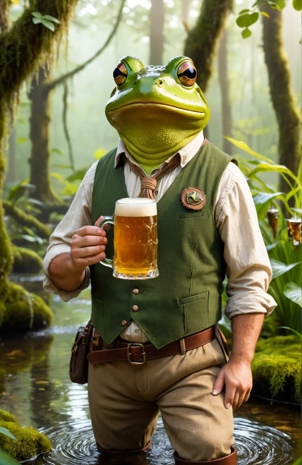 Charismatic, rotund frog tavern keeper in a lush swamp, Frothy amber beer in webbed hands, Dressed in rustic vest and breeches, Surroundings teeming with life, Realistic and fantasy style, Invites all creatures for a swig, Magical other-world feel, Finest swamp-brewed beer.