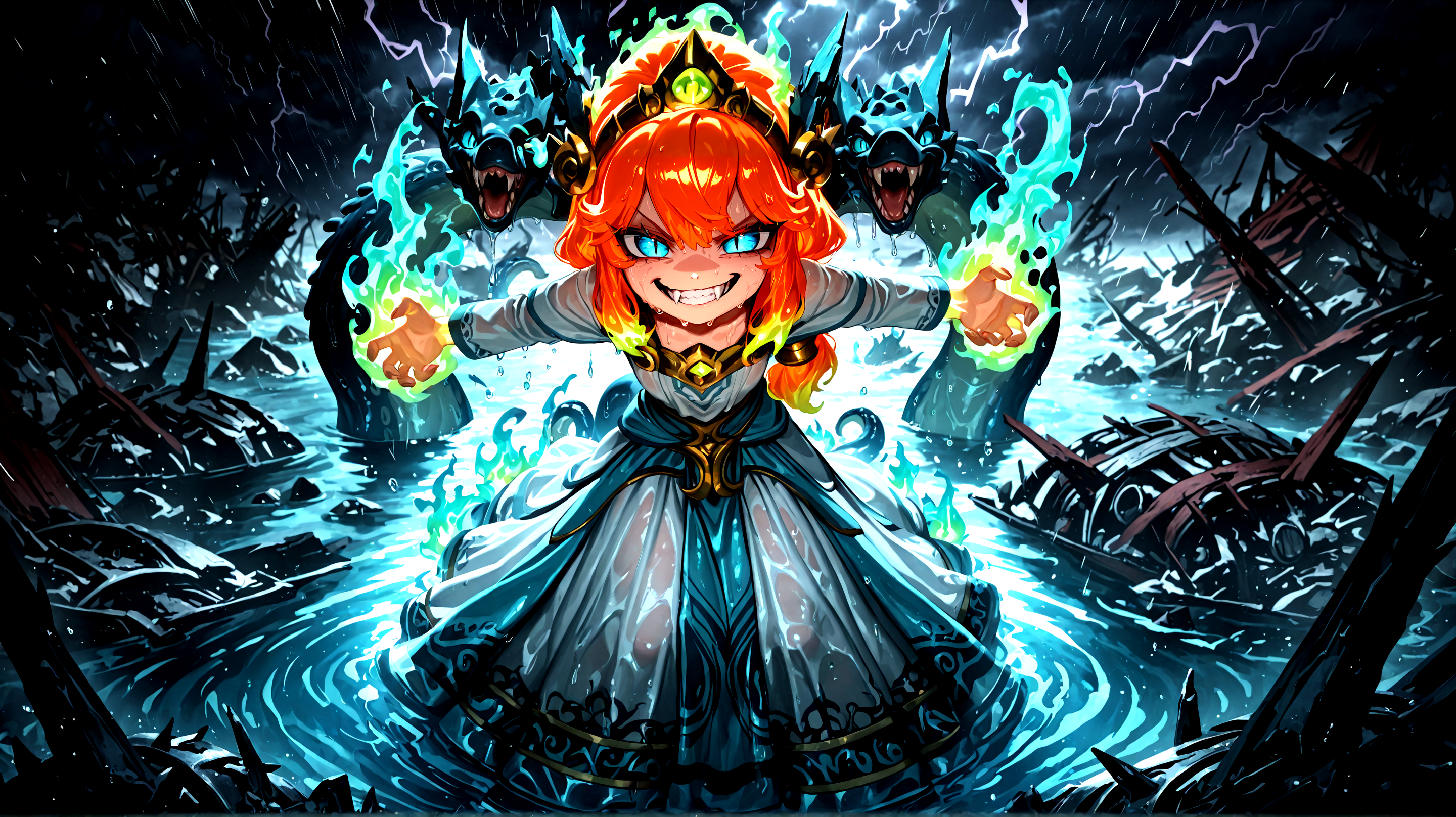 masterpiece \(quality\), year2024, year2023, West Studio, sixmorevodka, 
best quality, amazing quality, absurd res, best resolution, very aesthetic, 4k, latest, (Detailed face: 1.8), (detailed background:1.1) ,
  newanimecore
 <lora:Scylla_Charybdis_Smite_for_Illustrious:0.1> 1girl, scylla, blue eyes, scylla_headwear, scylla_dress, scylla_monster, orange hair, long hair, (monster from under dress, 4 dog-dragons,) fangs, lime green fire magic, slit pupils, 
L0LSPL4SH, solo, outdoors, ocean, storm, emerging from water, wet, dripping, dark, menacing, serious, looking at viewer, evil grin,  shipwreck, debris,