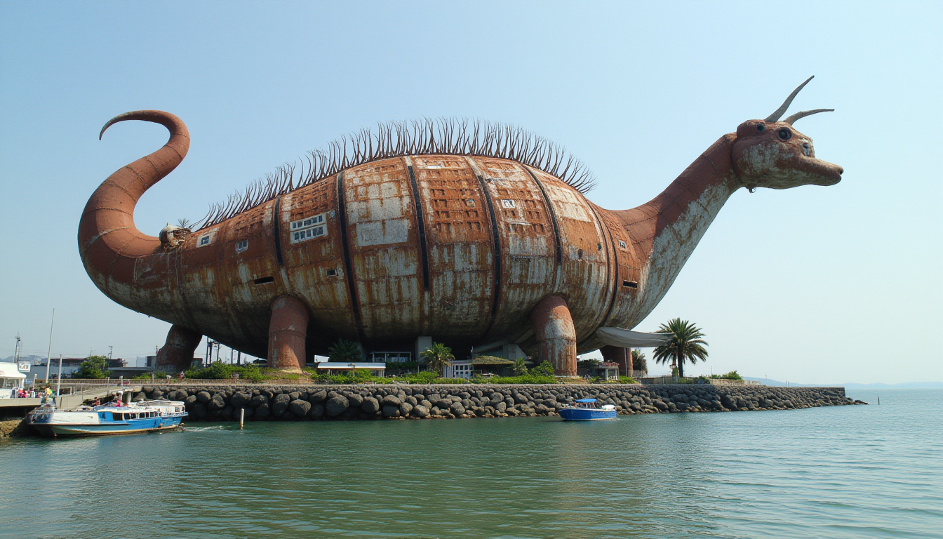 biomechanical cyberpunk , a monstrosity scene of a massive rusted hairy flicker shape novelty architecture building that operates as a resort in a seaside resort.  . cybernetics, human-machine fusion, dystopian, organic meets artificial, dark, intricate, highly detailed