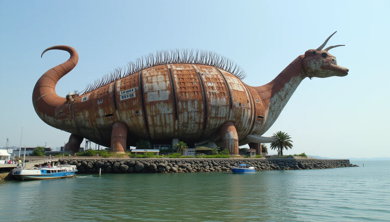 biomechanical cyberpunk , a monstrosity scene of a massive rusted hairy flicker shape novelty architecture building that operates as a resort in a seaside resort. . cybernetics, human-machine fusion, dystopian, organic meets artificial, dark, intricate, highly detailed
