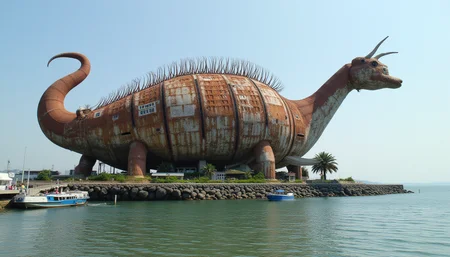 biomechanical cyberpunk , a monstrosity scene of a massive rusted hairy flicker shape novelty architecture building that operates as a resort in a seaside resort.  . cybernetics, human-machine fusion, dystopian, organic meets artificial, dark, intricate, highly detailed