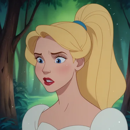 Ugly score_8_up, score_7_up, BREAK, DonBluth, 1girl, solo, blonde hair, high ponytail, blue eyes, lipstick, white dress, upper body, <lora:DonBluth_PXL_Leaf3:1>, forest, light particles,