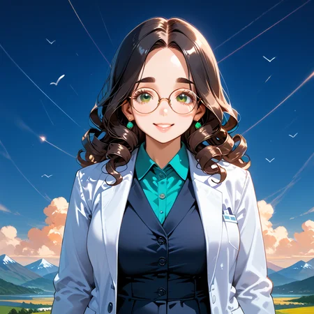 PonyScores7, source_anime, rating_safe, ah1, 1girl, (curly hair), long hair, (black hair), mature female, (parted hair:1.7), (round face:1.2), (no_bangs:1.3), (no_fringe:1.6), (thick eyebrows), (curvy), round-chin, (greenish hazel eyes), caucasian, (downturned eyes:1.2), (plump face), <lora:ETO_OCPonyXL:0.5> eto_oc, skindentation, (plump:1.2), thick thighs, wide hips, busty, voluptuous, kinky curls, lips, bad-hands-5, <lora:venus body PonyXL:0.8>, <lora:xl_more_art-full_v1:0.4>, <lora:shinyskin2:0.3> glistening skin, <lora:aesthetic_anime_v1s:0.4>, <lora:Expressive_H:0.4> Expressiveh, <lora:hairdetailpxl:0.4> hairdetailpxl, <lora:EpicF4nta5yXL:0.4>, <lora:detailxl:0.4> detailxl, <lora:Fant5yP0ny:0.4>, best quality, amazing quality, best aesthetic, absurdres, <lora:expressive eyes:0.4> expressive eyes, <lora:eyedetailpxl:0.4> eyedetailpxl, illustration, Volumetric_Lighting, ultra-detailed, very aesthetic, intricate details, 8k, masterpiece, best_quality, smile, (Aerial Perspective shot), (fishmonger, in casual clothes with fresh fish), (a vibrant mountain meadow, with colorful blooms, fresh air, stunning vistas, mountain backdrop), (lab coat, glasses, and a professional skirt suit), <lora:Eyes_High_Definition:0.6> EyesHD,
