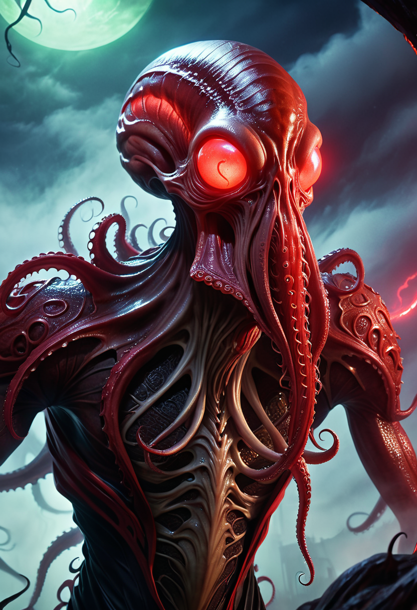 eldritch horror-inspired, dramatic over-the-shoulder view of prey, sinister red glow from spellcasting, head tilted unnaturally, sensing thoughts, misty, otherworldly void, tentacled face, dark, leathery skin, elongated cranium, slender, alien physique, four long tentacles extending from mouth fantasy_random_lora, realistic, uhd, 8k, masterpiece, intricately detailed, cinematic, best quality, absurd resolution, fantasy art, fantasy race concept, artfully_mindflayer,  <lora:artfully_MINDFLAYER_SDXL:0.8>