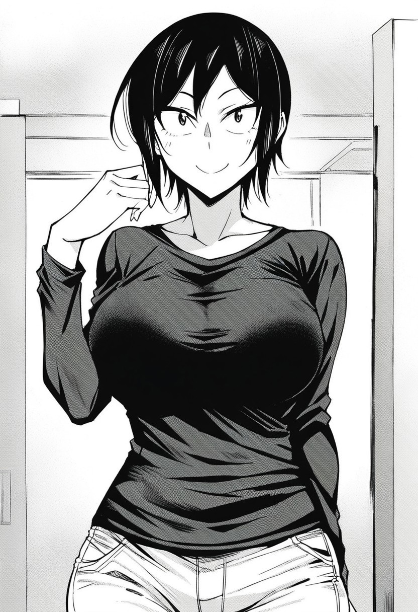 score_9, 1girl, solo, h1t0miMT, black hair, short hair, black shirt, white pants, looking at viewer, smile, large breasts, cowboy shot, indoors, manga, monochrome