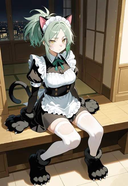 General, masterpiece, best quality, amazing very aesthetic, absurdres, warm lighting, soft focus, highly detailed, intricate textures, realistic shading, detailed background

BREAK

1woman:[kuudere, lean body, slit pupils, short green hair with black highlights, tomboyish hairstyle with ponytail, yellow eyes, tall, medium breasts, Maid Uniform, stockings, ripped white thighhighs]

BREAK

Changingroom, sitting, cat ear headband, fake cat tail, black paw gloves, black paw shoes, whisker markings, cat nose, (green and black body fur:1.25), busy background, people in background 